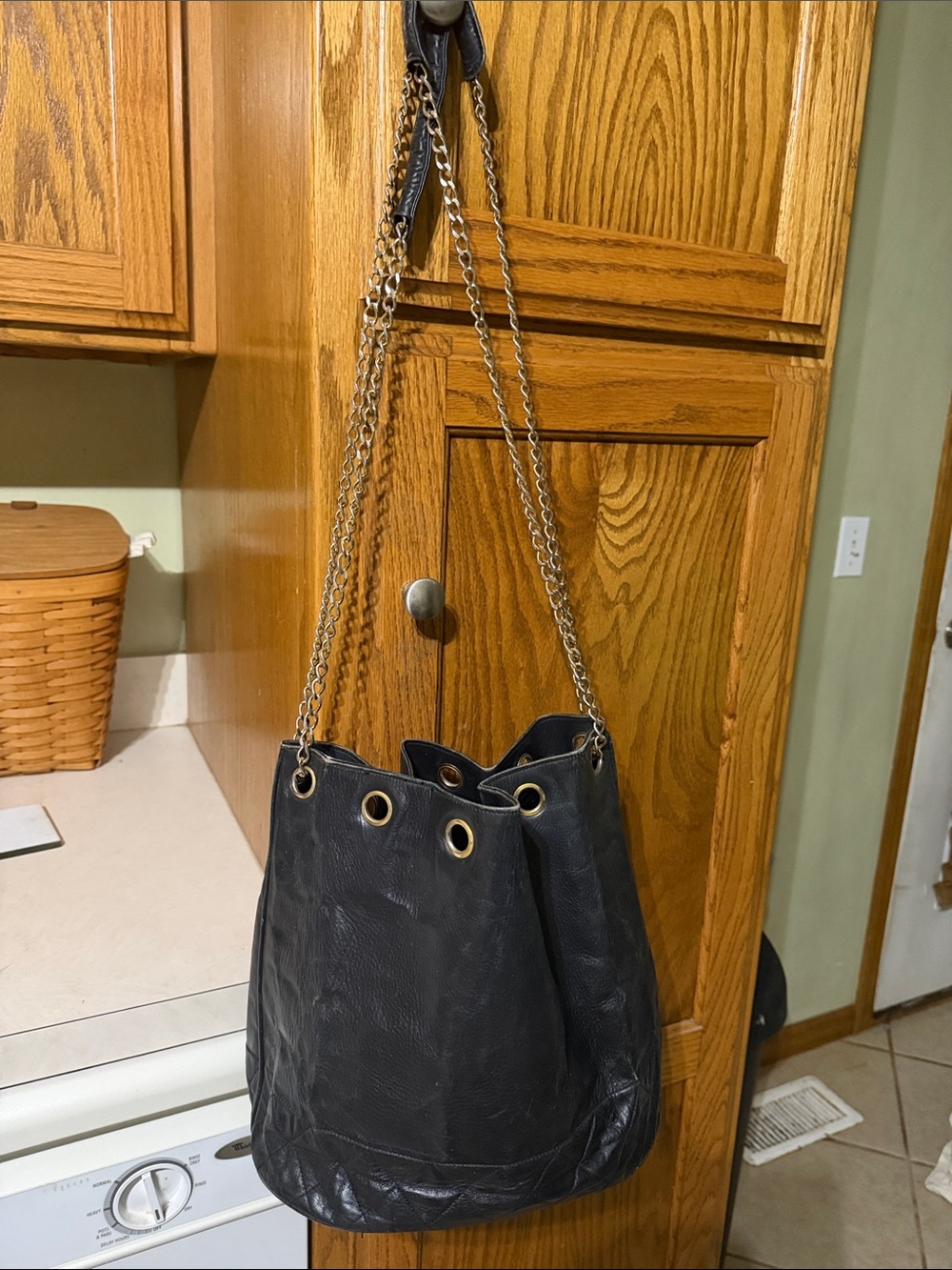 CHANEL Black Leather Chain-Handle Bucket Bag